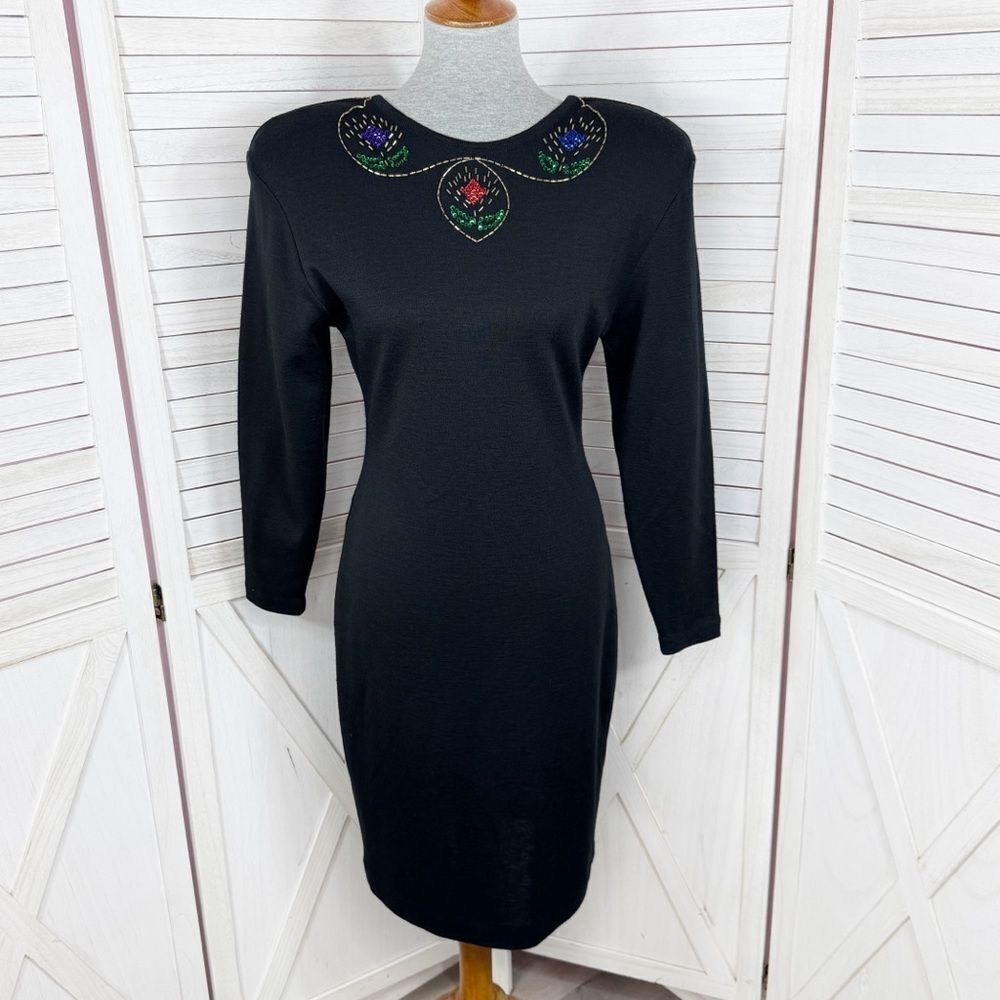 Vintage Liz Claiborne Sequin Beaded V Back Wool Blend Ponte Knit Dress Black 10P